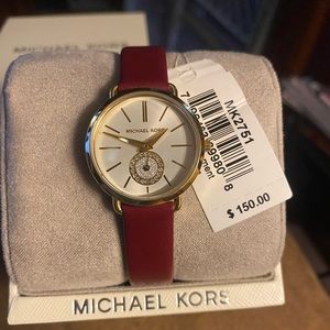 Michael Kors women’s petite Portia three-hand merlot leather watch w/extra band